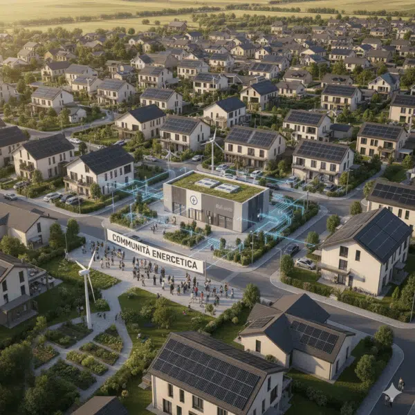 impact un insieme di centinaia di case con pannelli fotovoltaici sui tetti e pale eoliche in tutto il territorio