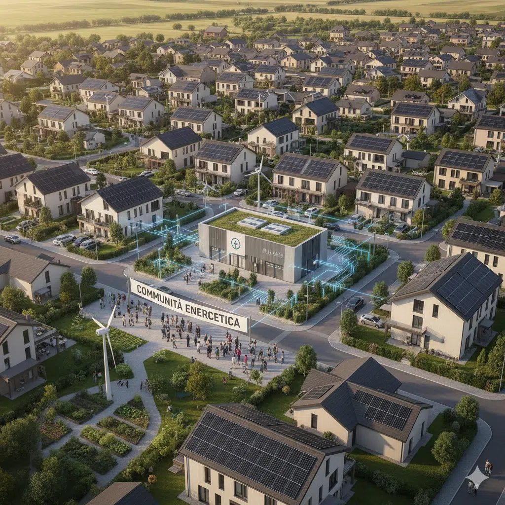 impact un insieme di centinaia di case con pannelli fotovoltaici sui tetti e pale eoliche in tutto il territorio