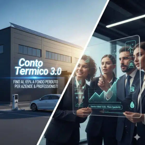 l'immagine riporta un edificio commerciale con fotovoltaico e una colonnina di ricarica. Un gruppo di persone all'interno degli uffici verifica dei grafici di produzione di energia rinnovabile applicabile al conto termico