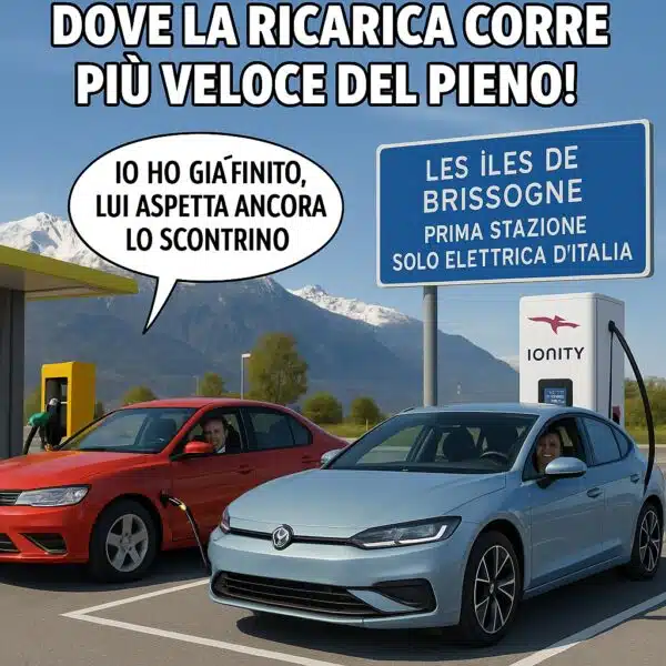 ci sono due auto che stanno facendo il pieno di carburante, una a benzina e una elettrica. E l'auto elettrica è la prima a fare il pieno. Con le auto elettriche si fa prima