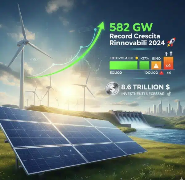 si vedono pale eoliche, pannelli fotovoltaici e una diga con un fiume, le energie rinnovabili