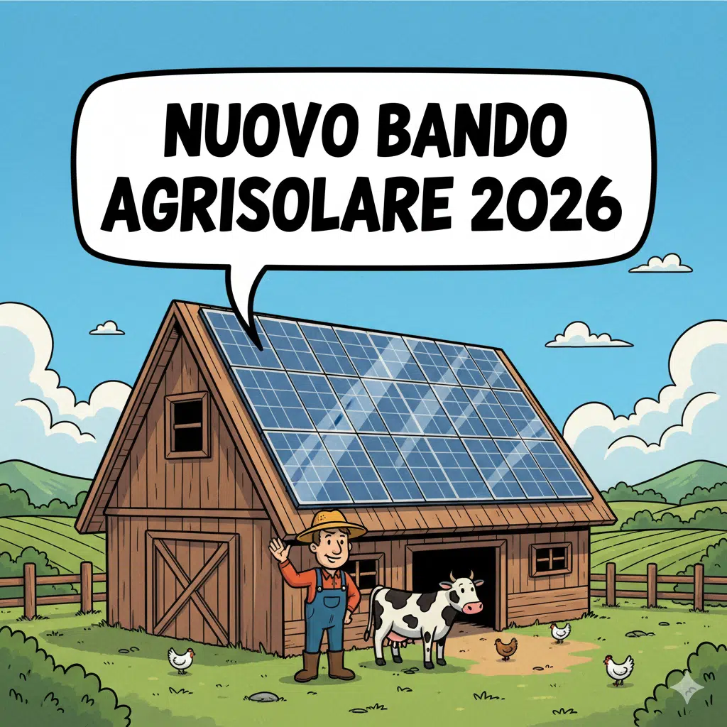 si vede una stalla con il fotovoltaico sul tetto e una scritta nuovo bando agrisolare 2026