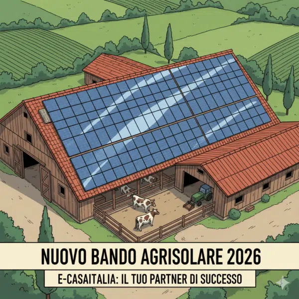 si vede una fattoria dall'alto con il tetto coperto di pannelli fotovoltaici e la scritta nuovo bando agrisolare 2026, e-casaitalia: il tuo partner di successo