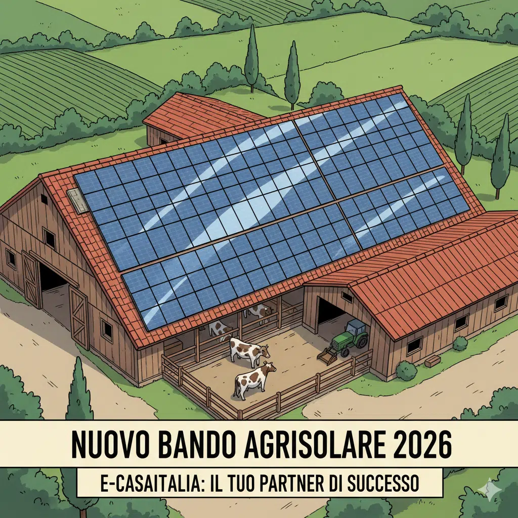 Si Vede Una Fattoria Dall'Alto Con Il Tetto Coperto Di Pannelli Fotovoltaici E La Scritta Nuovo Bando Agrisolare 2026, E-Casaitalia: Il Tuo Partner Di Successo