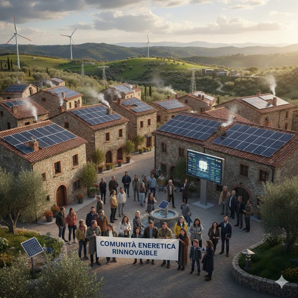 2026, comunità energetiche: oltre il pnrr. Perché il supporto del mase è una garanzia per il futuro - 1 L'Immagine Ritrae Una Cittadina Con Impianti Fotovoltaici Sul Tetto, I Cui Abitanti Sono Riuniti In Comunità Energetiche