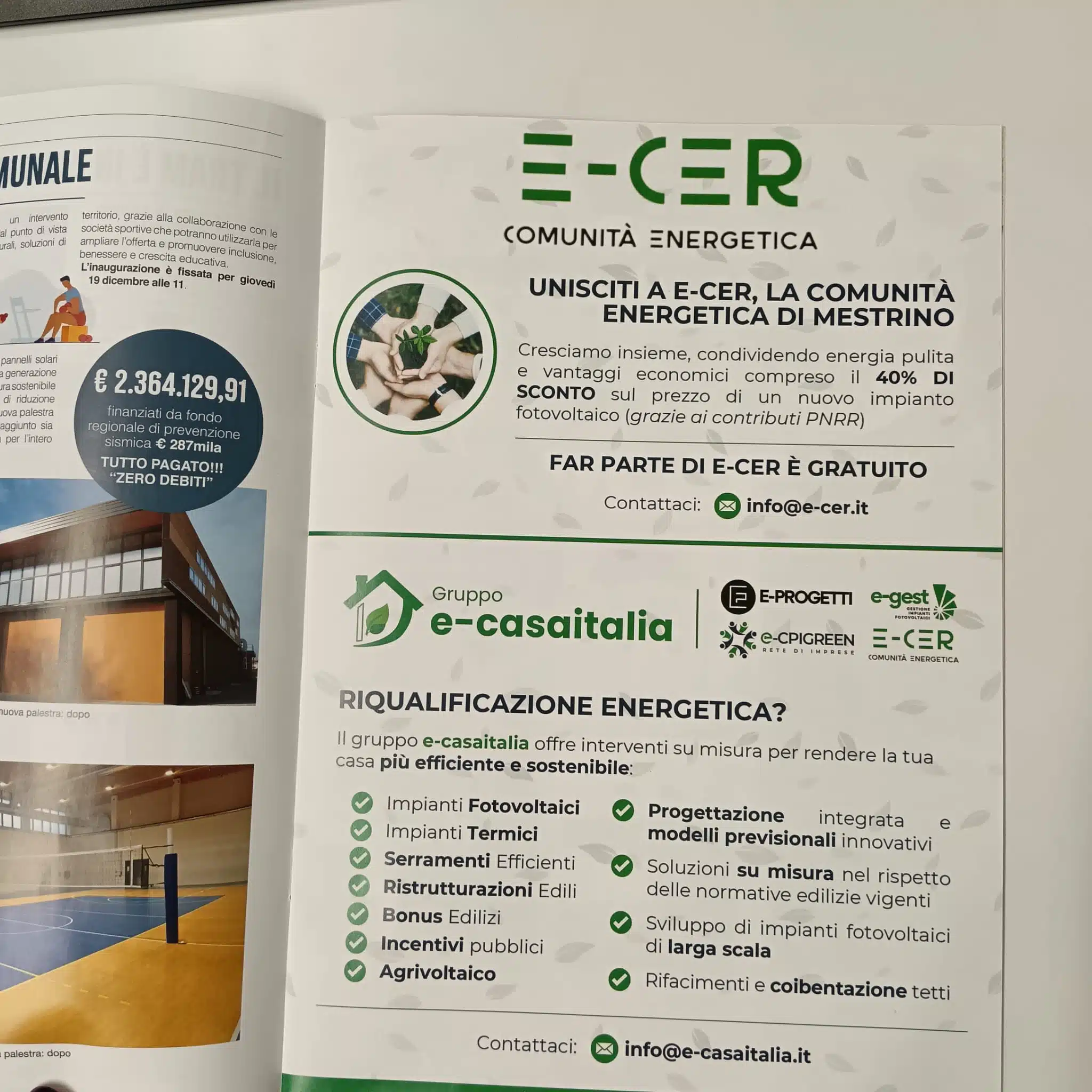 immagine del giornalino del comune di Mestrino con la descrittiva di e-casaitalia ed e-cer