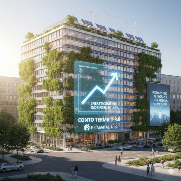 Rappresentazione di un moderno edificio nZEB riqualificato tramite il Conto Termico 3.0, con integrazione di verde verticale, pannelli fotovoltaici e sistemi a energia quasi zero