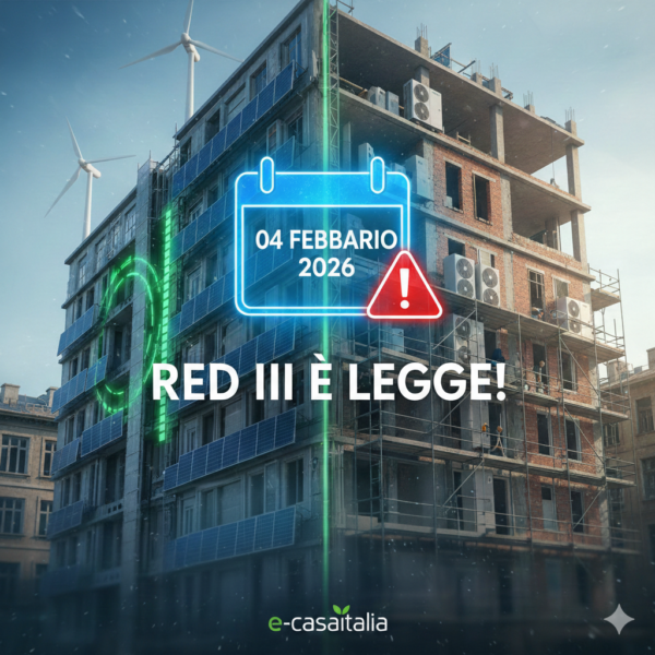 Infografica RED III 4 febbraio 2026 con obblighi rinnovabili per edifici e logo e-casaitalia.
