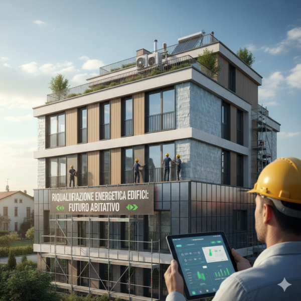 Cantiere moderno per la riqualificazione energetica edifici con tecnici che installano pannelli solari, cappotto termico e sistemi di monitoraggio digitale su un immobile residenziale.