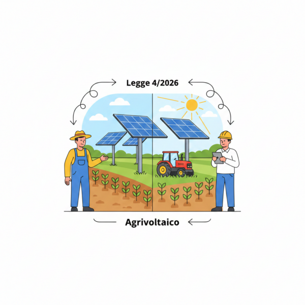Vignetta esplicativa sulla Legge 4/2026 Agrivoltaico: illustrazione di un campo agricolo con pannelli fotovoltaici elevati, un agricoltore e un tecnico che collaborano per l'integrazione tra energia solare e coltivazione del suolo.
