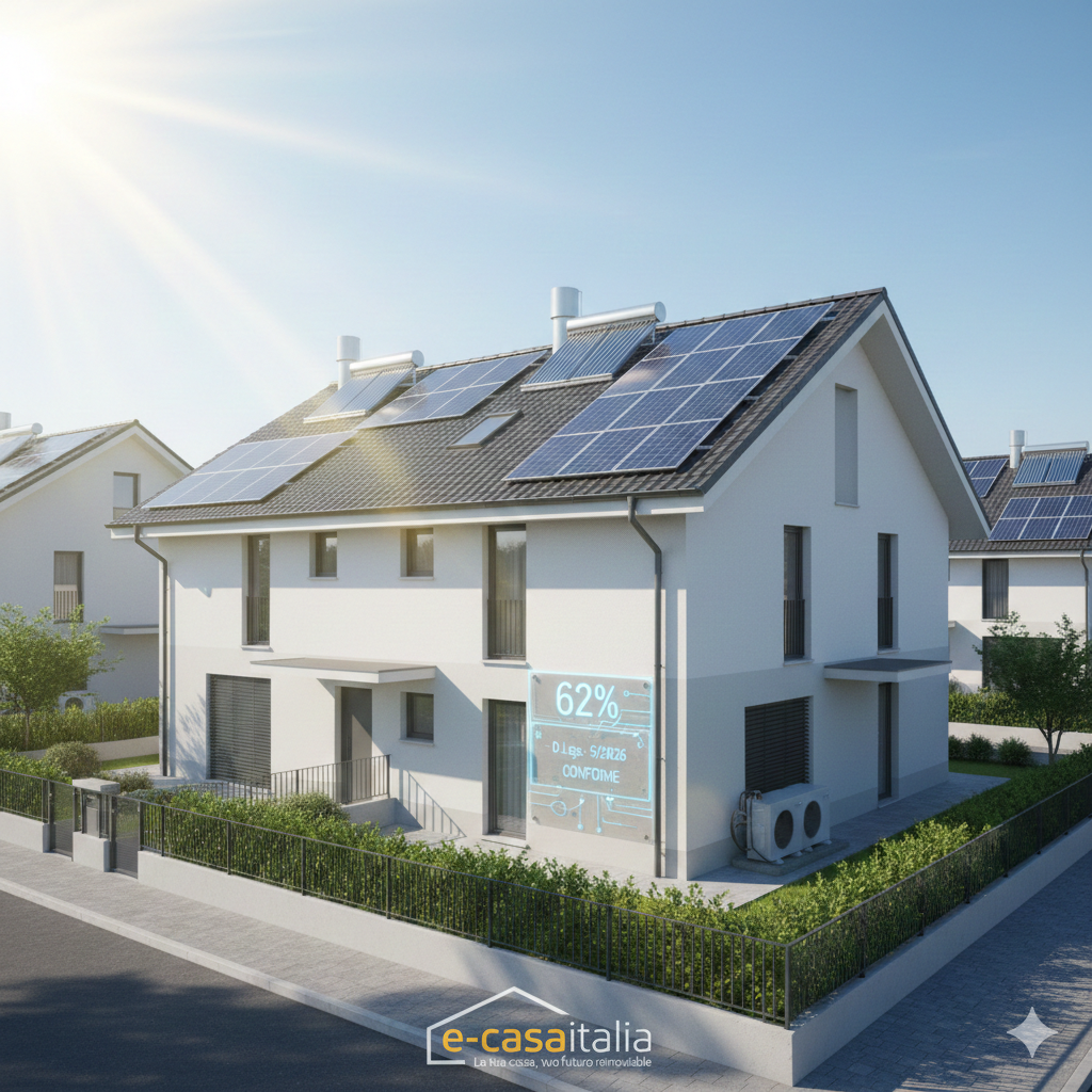 Homepage - 173 Rappresentazione Di Una Casa Moderna Conforme Agli Obblighi Per Le Rinnovabili Negli Edifici 2026 Con Pannelli Fotovoltaici Sul Tetto, Pompa Di Calore Esterna E Logo E-Casaitalia
