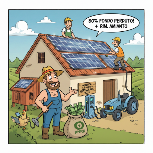 Vignetta illustrata sul bando Parco Agrisolare 2026: un agricoltore mostra con soddisfazione la sua azienda dotata di pannelli fotovoltaici sul tetto, una colonnina di ricarica per il trattore elettrico e un sacco di fondi PNRR. Nel fumetto compare la scritta "80% Fondo Perduto + Rimozione Amianto"