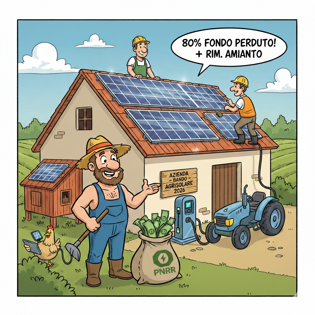 Homepage - 173 Vignetta Illustrata Sul Bando Parco Agrisolare 2026: Un Agricoltore Mostra Con Soddisfazione La Sua Azienda Dotata Di Pannelli Fotovoltaici Sul Tetto, Una Colonnina Di Ricarica Per Il Trattore Elettrico E Un Sacco Di Fondi Pnrr. Nel Fumetto Compare La Scritta &Quot;80% Fondo Perduto + Rimozione Amianto&Quot;