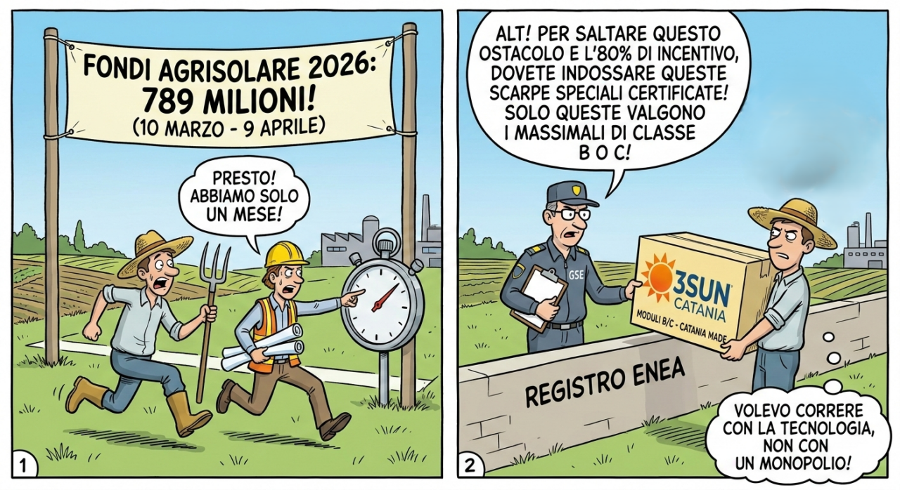 Agrisolare 2026 e norma "pro enel 3sun": guida alle novità per le imprese - 2 Vignetta Satirica Sul Bando Agrisolare 2026 E La Norma Moduli Enel 3Sun: Un Imprenditore Agricolo Corre Verso Gli Incentivi Pnrr Ma Viene Fermato Dal Registro Enea Che Impone Moduli Certificati Prodotti A Catania.