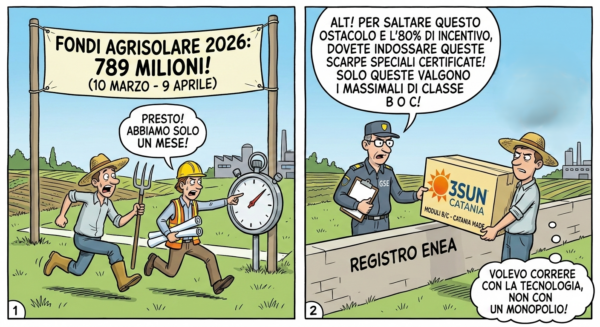 Vignetta satirica sul bando Agrisolare 2026 e la norma moduli Enel 3Sun: un imprenditore agricolo corre verso gli incentivi PNRR ma viene fermato dal Registro ENEA che impone moduli certificati prodotti a Catania.