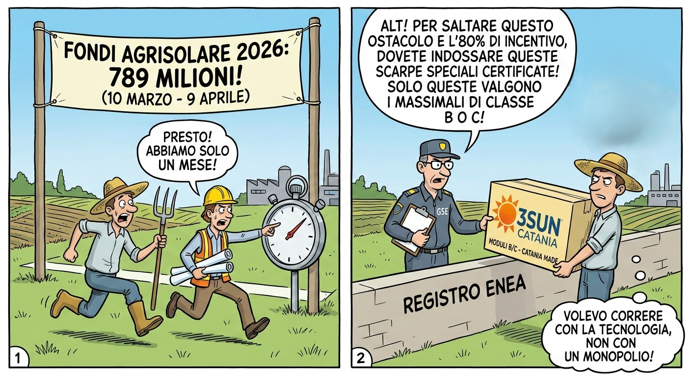 Il giornale - 42 Vignetta Satirica Sul Bando Agrisolare 2026 E La Norma Moduli Enel 3Sun: Un Imprenditore Agricolo Corre Verso Gli Incentivi Pnrr Ma Viene Fermato Dal Registro Enea Che Impone Moduli Certificati Prodotti A Catania.