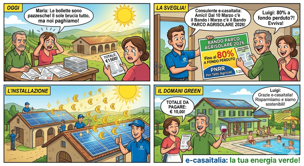 🌞 parco agrisolare 2026: guida ai contributi dell'80% per il fotovoltaico negli agriturismi - 1 Vignetta Educativa In Quattro Pannelli Sul Bando Parco Agrisolare 2026: Una Coppia Di Titolari Di Agriturismo Passa Dalle Bollette Alte All'Installazione Di Pannelli Fotovoltaici Sui Tetti Agricoli Con Il Contributo Dell'80% A Fondo Perduto Di E-Casaitalia.
