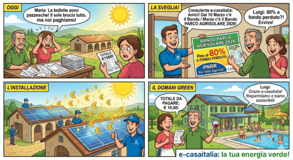 Vignetta educativa in quattro pannelli sul bando Parco Agrisolare 2026: una coppia di titolari di agriturismo passa dalle bollette alte all'installazione di pannelli fotovoltaici sui tetti agricoli con il contributo dell'80% a fondo perduto di e-casaitalia.