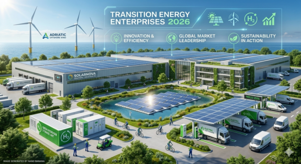 Panorama di un distretto industriale moderno nel 2026 che implementa la transizione energetica imprese con pannelli solari, turbine eoliche offshore e sistemi di stoccaggio a idrogeno verde