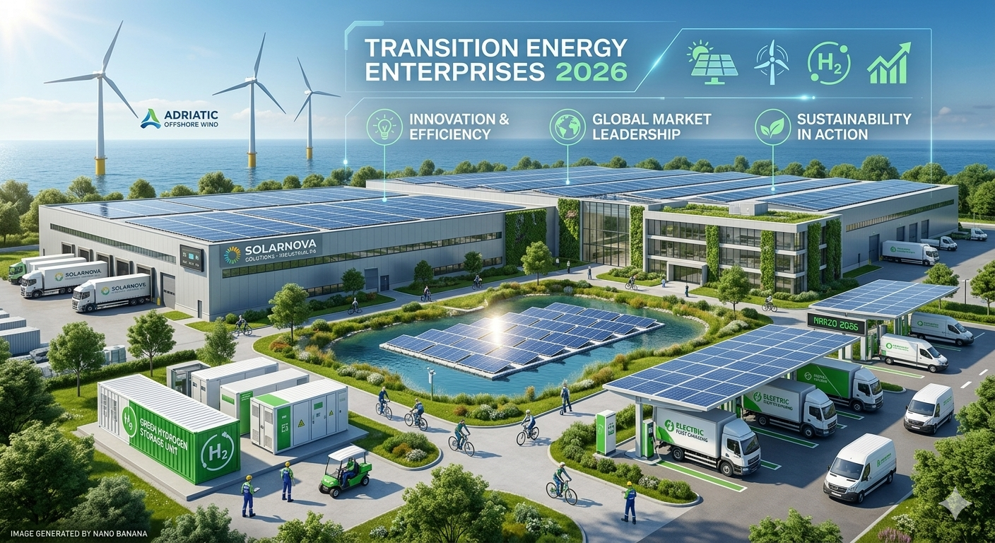 Homepage - 173 Panorama Di Un Distretto Industriale Moderno Nel 2026 Che Implementa La Transizione Energetica Imprese Con Pannelli Solari, Turbine Eoliche Offshore E Sistemi Di Stoccaggio A Idrogeno Verde