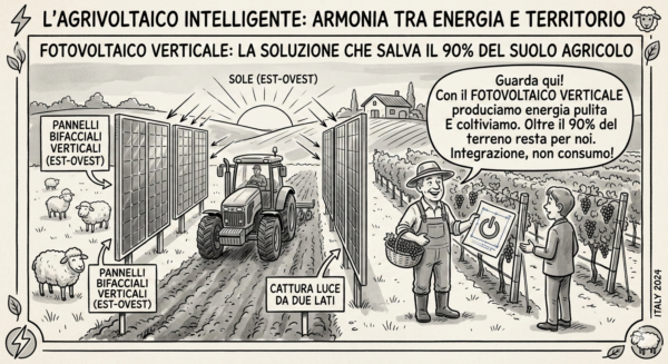 llustrazione di un impianto di fotovoltaico verticale bifacciale in un campo agricolo con trattore, pecore al pascolo e vigneto, che mostra la coesistenza tra energia rinnovabile e agricoltura.