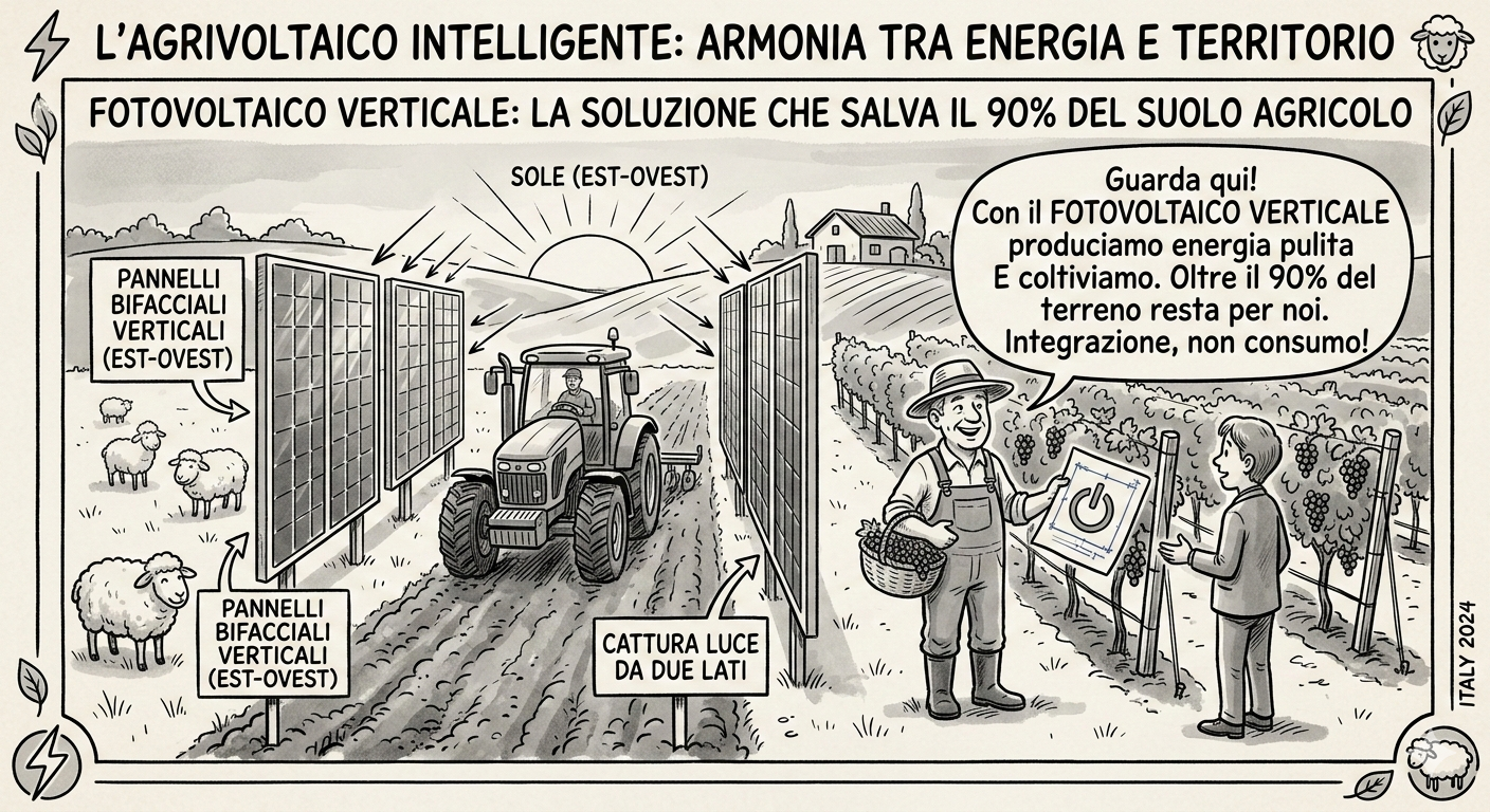 Homepage - 175 Llustrazione Di Un Impianto Di Fotovoltaico Verticale Bifacciale In Un Campo Agricolo Con Trattore, Pecore Al Pascolo E Vigneto, Che Mostra La Coesistenza Tra Energia Rinnovabile E Agricoltura.