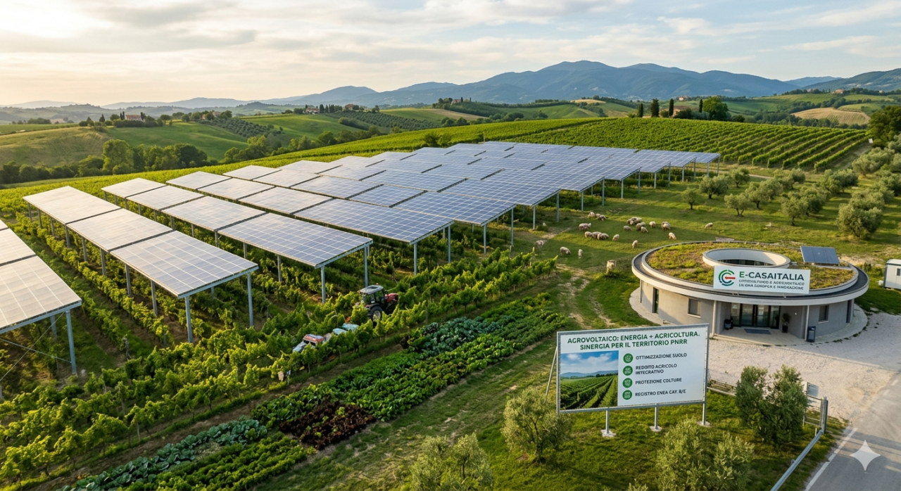 Fotovoltaico e agrivoltaico 2026: 5 opportunità per investire nelle rinnovabili in italia - 1 Veduta Aerea Di Un Impianto Avanzato Di Fotovoltaico E Agrivoltaico 2026 In Italia: Pannelli Solari Sopraelevati Integrati Con Vigneti Rigogliosi E Zone Di Pascolo, Con Un Ufficio Moderno Di E-Casaitalia E Un Cartello Informativo Sullo Sfondo Delle Colline Italiane.
