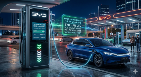 Stazione di ricarica BYD 1000 kW Megawatt Flash Charger. una scena notturna ad alta tecnologia dove una BYD Han L è collegata alla rivoluzionaria colonnina Megawatt Flash Charger