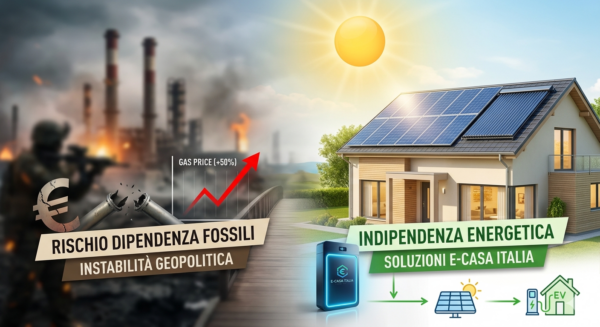Infografica italiana transizione energetica: rischio combustibili fossili vs indipendenza energetica con E-Casa Italia e rinnovabili.