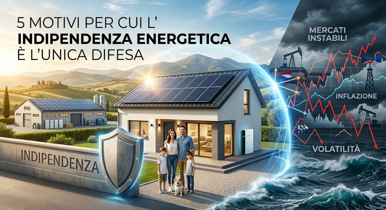 5 motivi per cui l’indipendenza energetica è l'unica difesa contro i mercati instabili - 1 Immagine Concettuale Che Illustra L'Indipendenza Energetica Come Difesa Contro La Volatilità Dei Mercati. A Sinistra, Una Casa E Una Pmi Con Pannelli Solari E Sistemi Di Accumulo, Protette Da Uno Scudo Digitale, Simboleggiano Stabilità E Risparmio. A Destra, Un Mare In Tempesta, Grafici Rossi E Icone Di Inflazione E Volatilità Rappresentano Il Caos Dei Mercati Energetici Tradizionali.