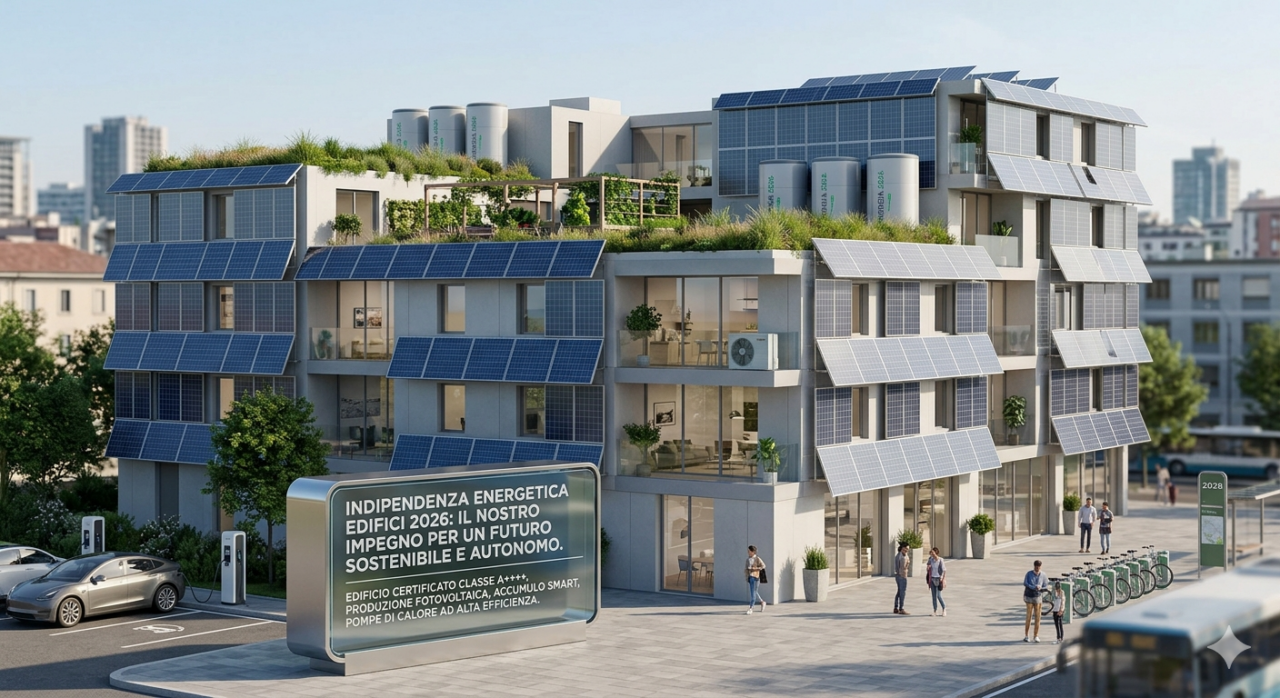 Indipendenza energetica edifici 2026: la risposta concreta allo shock mediorientale - 2 Rendering Di Un Edificio Residenziale Moderno E Sostenibile In Una Città Del Futuro, Dotato Di Facciata Con Pannelli Fotovoltaici, Tetto Verde E Sistemi Di Accumulo. In Primo Piano, Un Cartellone Digitale Con Il Testo In Italiano: 'Indipendenza Energetica Edifici 2026: Il Nostro Impegno Per Un Futuro Sostenibile E Autonomo'. L'Immagine Mostra L'Autonomia Energetica Attraverso Energie Rinnovabili E Infrastrutture Green, Tra Cui Una Colonnina Di Ricarica Per Auto Elettriche E Un Punto Di Bike Sharing