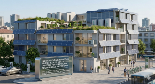 Rendering di un edificio residenziale moderno e sostenibile in una città del futuro, dotato di facciata con pannelli fotovoltaici, tetto verde e sistemi di accumulo. In primo piano, un cartellone digitale con il testo in italiano: 'INDIPENDENZA ENERGETICA EDIFICI 2026: IL NOSTRO IMPEGNO PER UN FUTURO SOSTENIBILE E AUTONOMO'. L'immagine mostra l'autonomia energetica attraverso energie rinnovabili e infrastrutture green, tra cui una colonnina di ricarica per auto elettriche e un punto di bike sharing