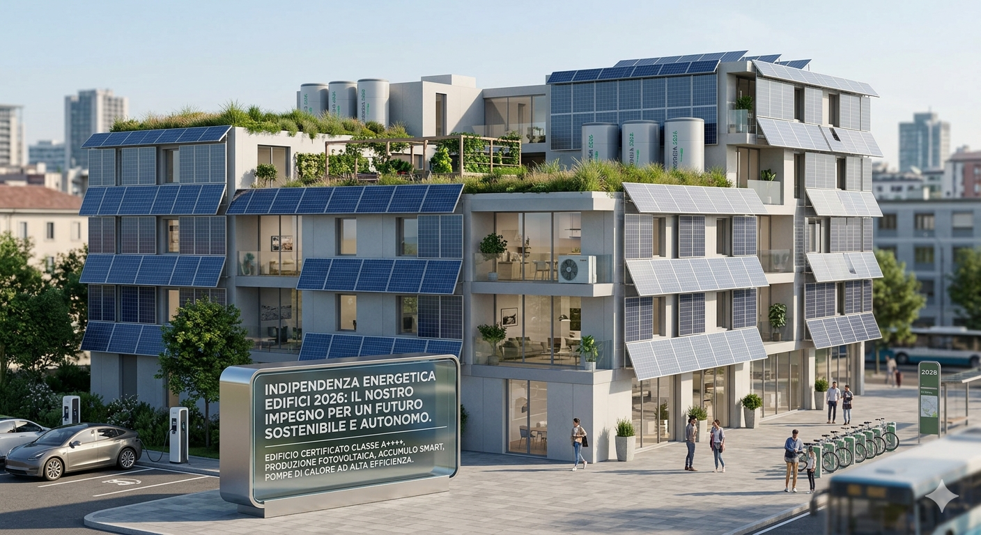 Homepage - 174 Rendering Di Un Edificio Residenziale Moderno E Sostenibile In Una Città Del Futuro, Dotato Di Facciata Con Pannelli Fotovoltaici, Tetto Verde E Sistemi Di Accumulo. In Primo Piano, Un Cartellone Digitale Con Il Testo In Italiano: 'Indipendenza Energetica Edifici 2026: Il Nostro Impegno Per Un Futuro Sostenibile E Autonomo'. L'Immagine Mostra L'Autonomia Energetica Attraverso Energie Rinnovabili E Infrastrutture Green, Tra Cui Una Colonnina Di Ricarica Per Auto Elettriche E Un Punto Di Bike Sharing