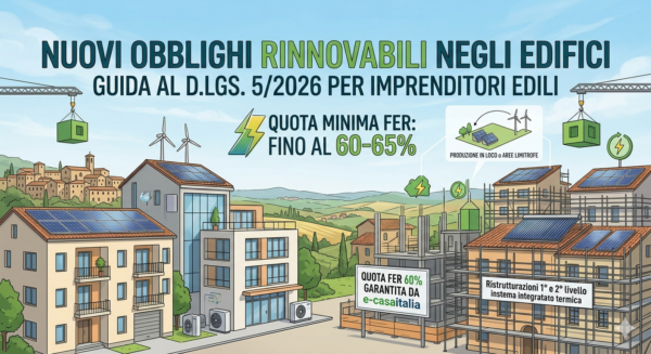 Illustrazione tecnica degli obblighi rinnovabili edifici 2026 secondo il D.Lgs. 5/2026 con soluzioni e-casaitalia per fotovoltaico e pompe di calore