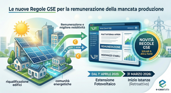 Infografica sulle nuove regole GSE sulla mancata produzione per fotovoltaico e comunità energetiche di e-casaitalia