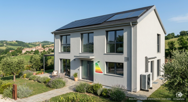 Esempio di riqualificazione energetica casa 2026 con pannelli fotovoltaici sul tetto, pompa di calore esterna e classe energetica A4 realizzata da E-Casaitalia
