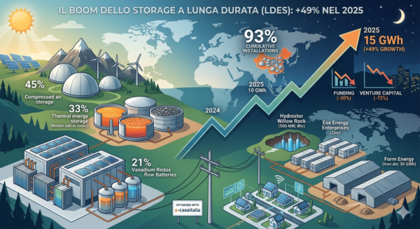 Infografica sui sistemi di accumulo energetico a lunga durata (LDES) nel 2025: crescita globale a 15 GWh, tecnologie aria compressa, termica e batterie redox al vanadio, e focus sul mercato Cina e USA.
