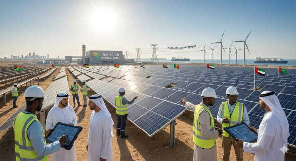 Vasto campo di pannelli solari nel deserto con professionisti africani e arabi che discutono su tablet. Sullo sfondo, infrastrutture per la transizione energetica Africa-Golfo con eolico e spedizioni navali.