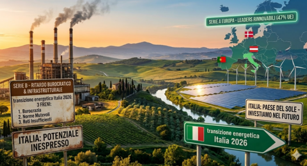 Infografica sulla transizione energetica Italia 2026 che mostra i freni burocratici e il confronto con i leader europei delle rinnovabili.