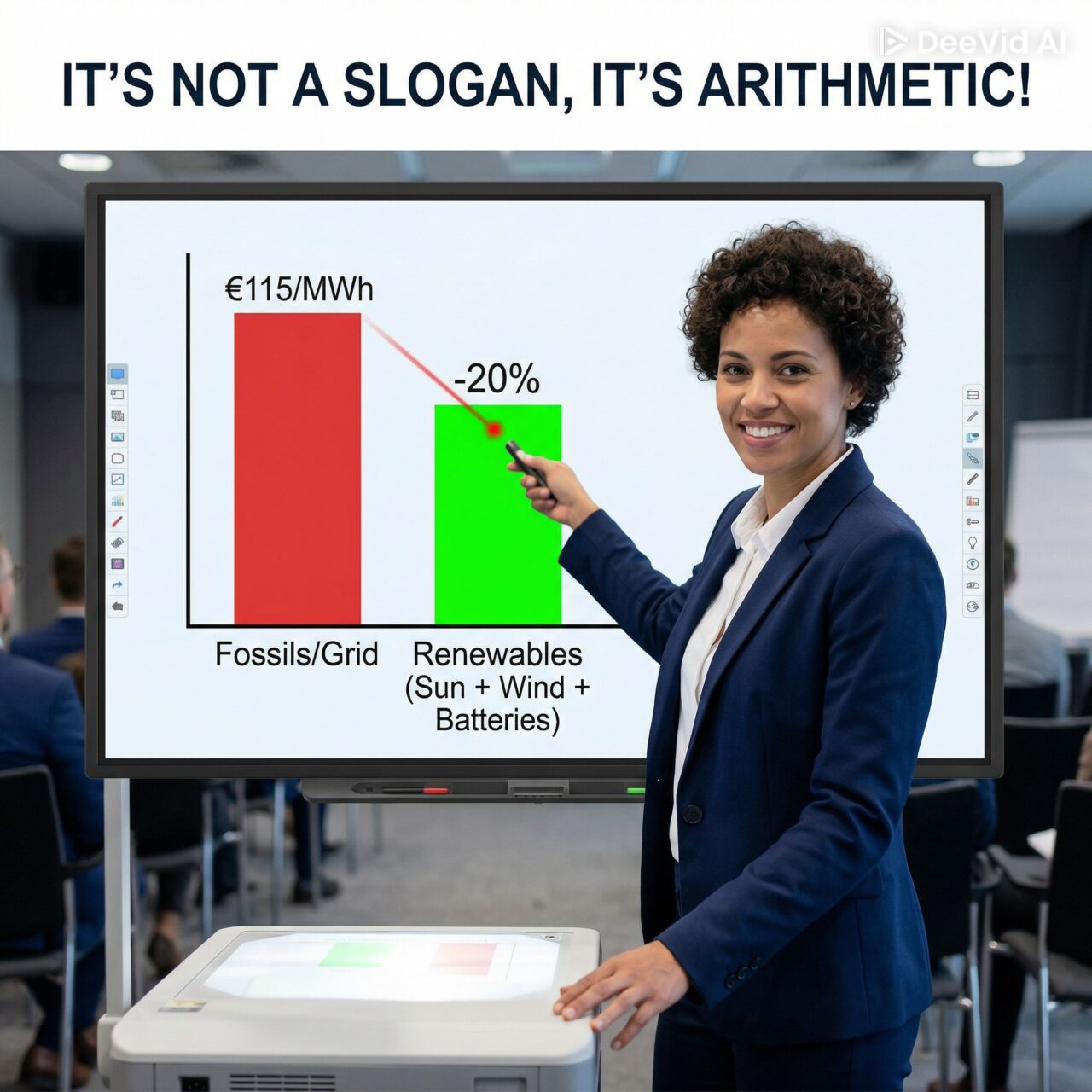 Costo energia rinnovabile 2026: perché oggi conviene il 20% in più della rete - 2 Vignetta Satirica Che Illustra Il Basso Costo Energia Rinnovabile 2026. L'Ad Di Terna, Giuseppina Di Foggia, Mostra Un Grafico Che Confronta I 115€/Mwh Dei Fossili Con Il Risparmio Del 20% Delle Energie Rinnovabili.
