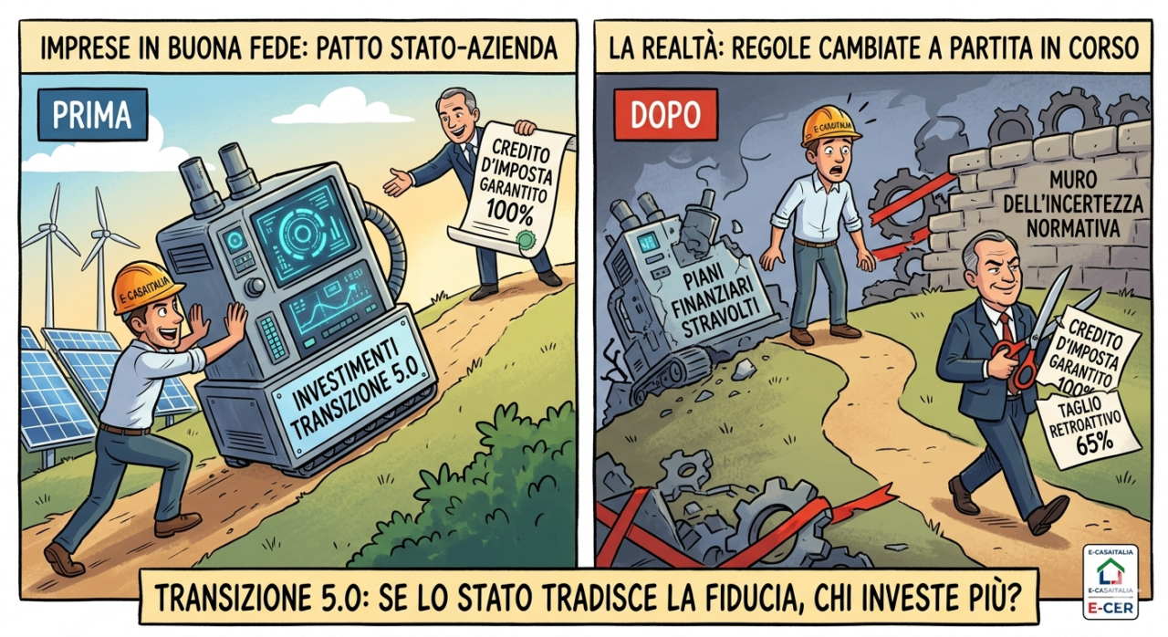 Transizione 5. 0: la voce di confindustria si alza. Ora il governo passi ai fatti - 3 Vignetta Satirica Sulla Transizione 5.0: Confronto Tra Le Promesse Iniziali Dello Stato E Il Taglio Retroattivo Del Credito D'Imposta Denunciato Da Confindustria.