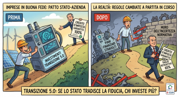 Vignetta satirica sulla Transizione 5.0: confronto tra le promesse iniziali dello Stato e il taglio retroattivo del credito d'imposta denunciato da Confindustria.