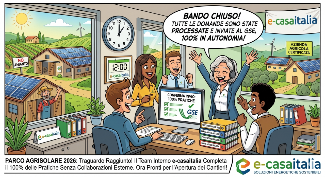 Parco agrisolare 2026: bando chiuso. Tutte le pratiche processate dal team e-casaitalia - 3 Vignetta Celebrativa Del Team E-Casaitalia Che Festeggia Il Completamento Del 100% Delle Pratiche Per Il Bando Parco Agrisolare 2026.