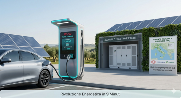 Stazione di ricarica ultra-rapida Flash Charging di BYD integrata con impianto fotovoltaico e sistema di accumulo per Comunità Energetiche Rinnovabili progettata da e-casaitalia.