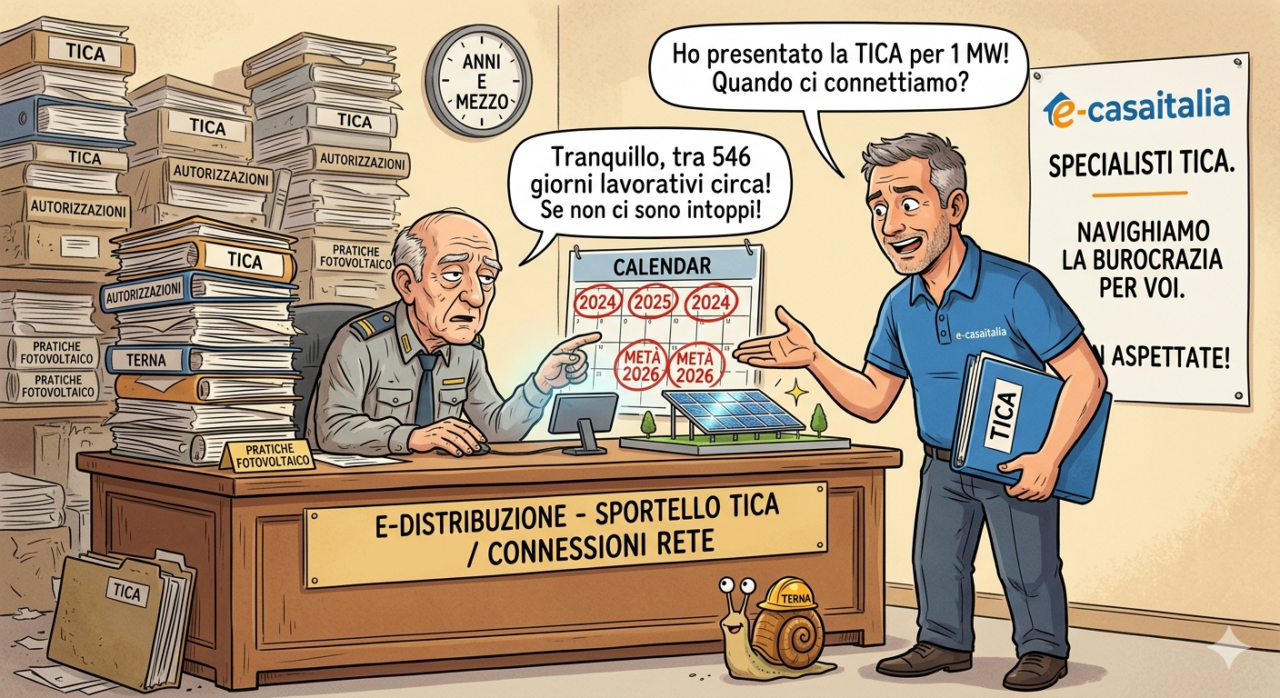 Tica fotovoltaico: perché per la connessione alla rete si aspettano anche 2 anni e mezzo? - 1 Vignetta Ironica Sui Tempi Di Attesa Della Tica Per La Connessione Di Un Impianto Fotovoltaico Da 1 Mw Con E-Casaitalia.