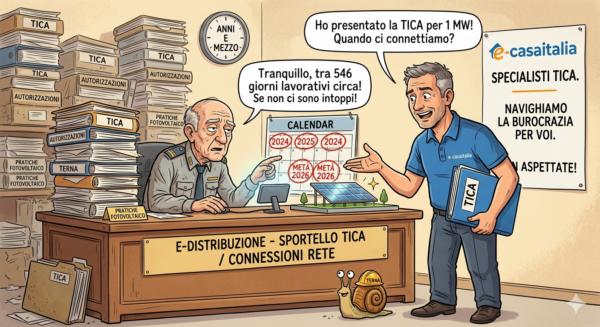 Vignetta ironica sui tempi di attesa della TICA per la connessione di un impianto fotovoltaico da 1 MW con e-casaitalia.