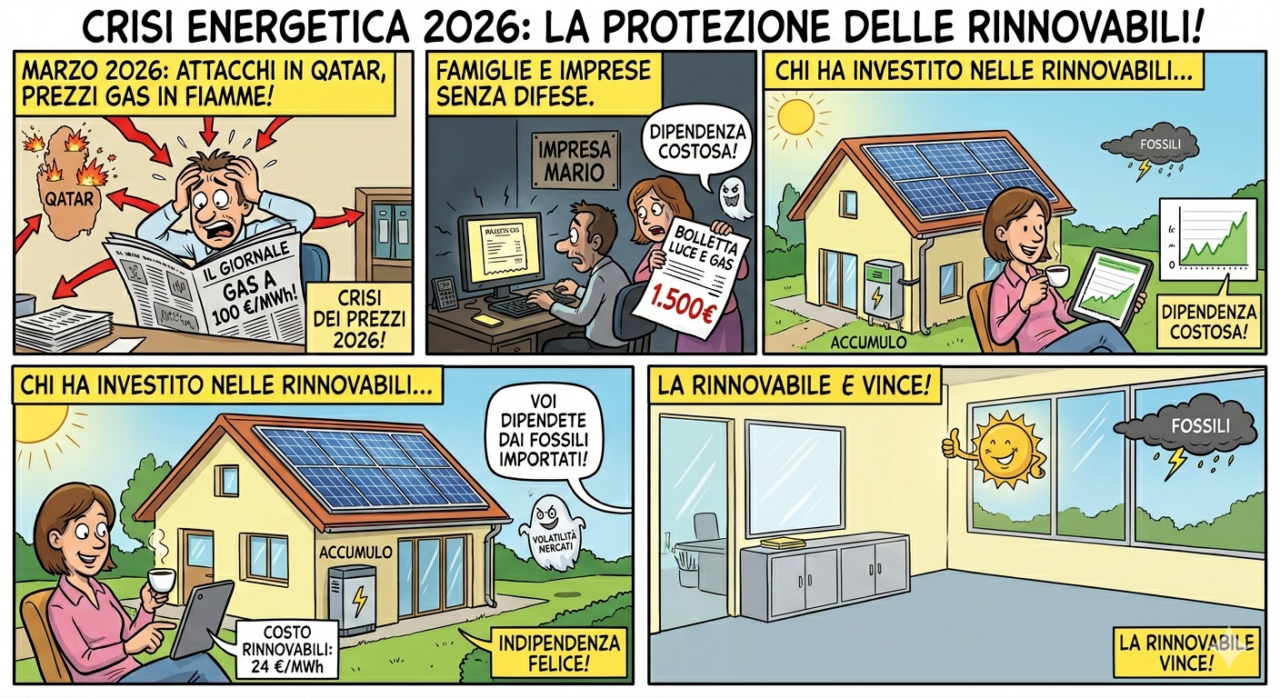 Crisi energetica 2026: perché le rinnovabili proteggono famiglie e imprese dalla volatilità dei mercati - 2 Vignetta Che Illustra Come Le Energie Rinnovabili E Il Fotovoltaico Proteggano Famiglie E Imprese Dalla Crisi Energetica 2026 Causata Dal Rincaro Del Gas.
