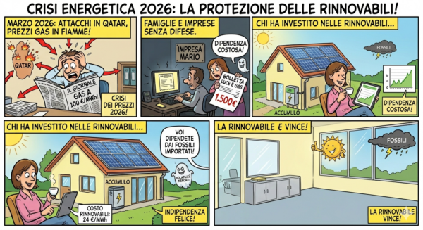 Vignetta che illustra come le energie rinnovabili e il fotovoltaico proteggano famiglie e imprese dalla crisi energetica 2026 causata dal rincaro del gas.