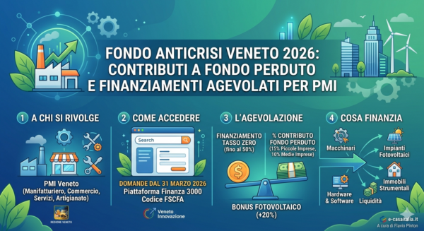 nfografica riassuntiva del Fondo Anticrisi Veneto 2026 con dettagli su contributi a fondo perduto e finanziamenti per PMI