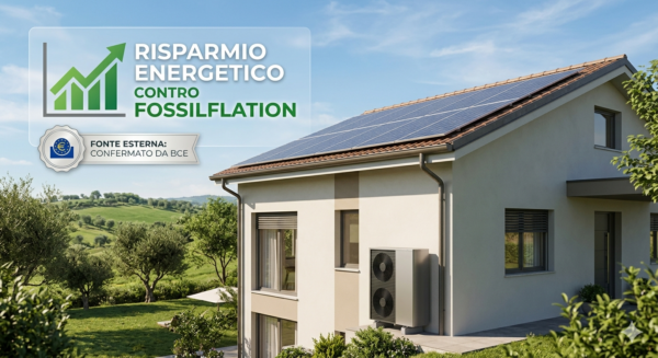 Una casa moderna riqualificata che dimostra il legame tra fossilflation e risparmio energetico grazie all'uso di pannelli fotovoltaici e pompe di calore.